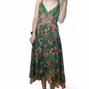 vintage 90s 100% silk baba clothing LA flowy bohemian ruffle midi dress green